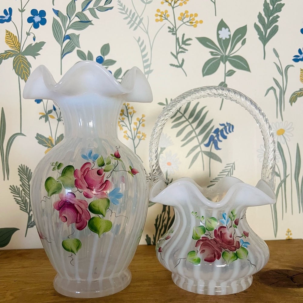 Vintage Fenton Vase and Basket Set